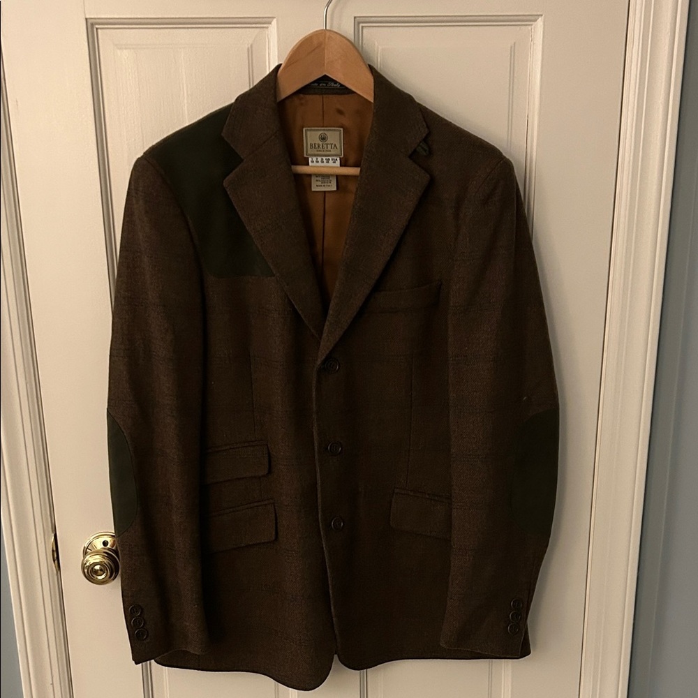Beretta Made in Italy 100% Virgin Brown Wool Shooting SportCoat Green Patch 42R
